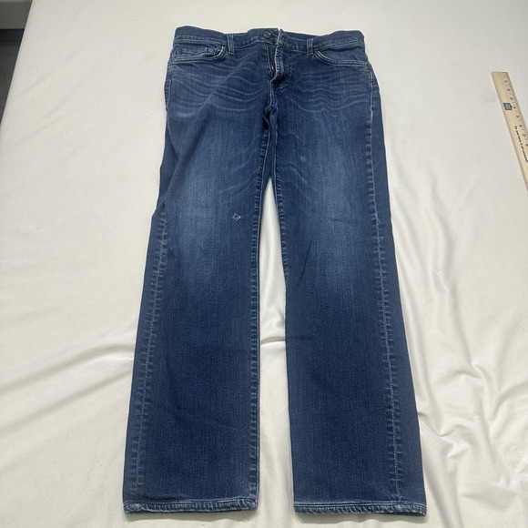 7 For All Mankind Mens Jeans Size 32 Blue Dark Wash Denim Distressed - Picture 2 of 15